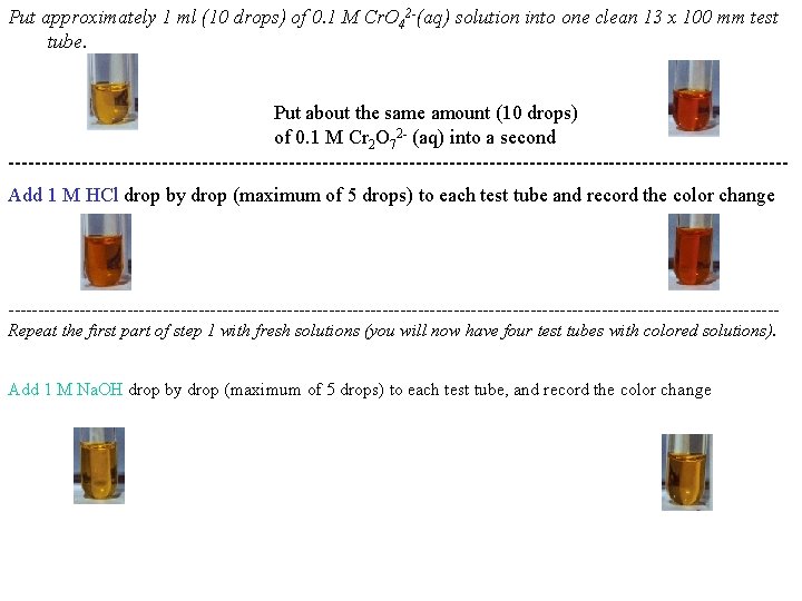 Put approximately 1 ml (10 drops) of 0. 1 M Cr. O 42 -(aq)