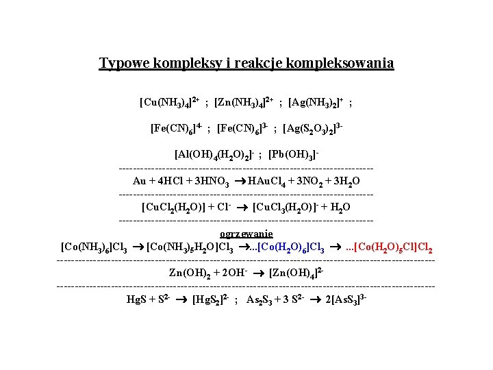 Typowe kompleksy i reakcje kompleksowania [Cu(NH 3)4]2+ ; [Zn(NH 3)4]2+ ; [Ag(NH 3)2]+ ;