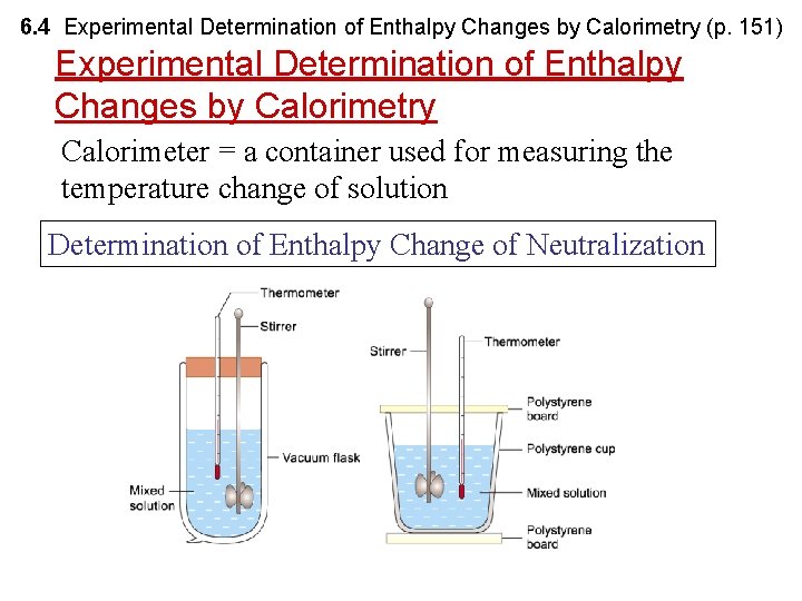 6. 4 Experimental Determination of Enthalpy Changes by Calorimetry (p. 151) Experimental Determination of