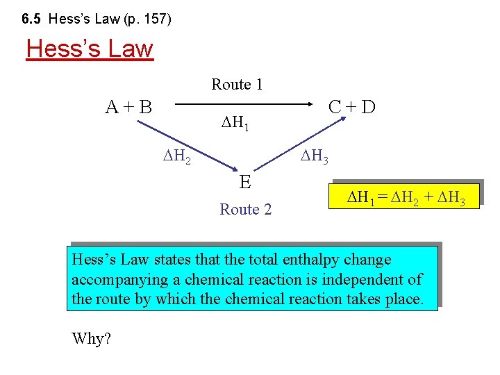 6. 5 Hess’s Law (p. 157) Hess’s Law Route 1 A+B H 1 H