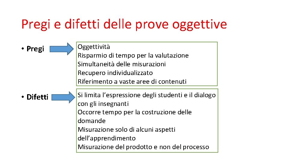 Pregi e difetti delle prove oggettive • Pregi Oggettività Risparmio di tempo per la