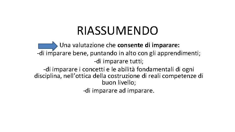 RIASSUMENDO Una valutazione che consente di imparare: -di imparare bene, puntando in alto con