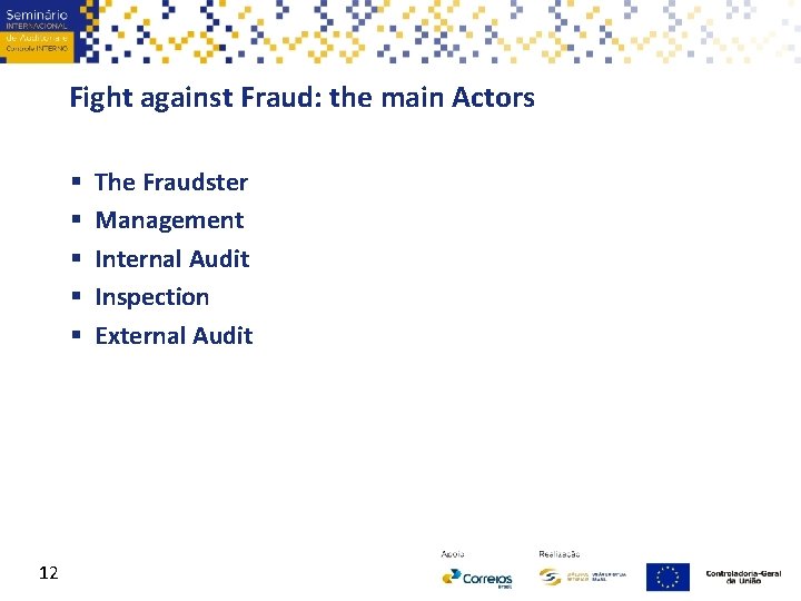 Fight against Fraud: the main Actors § § § 12 The Fraudster Management Internal