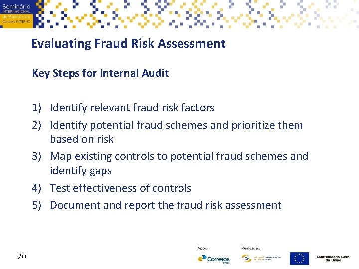 Evaluating Fraud Risk Assessment Key Steps for Internal Audit 1) Identify relevant fraud risk