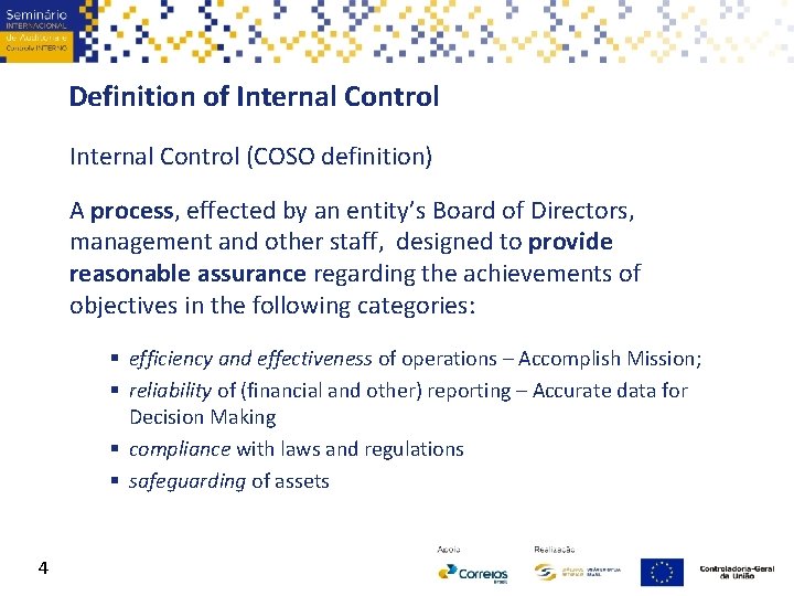Definition of Internal Control (COSO definition) A process, effected by an entity’s Board of
