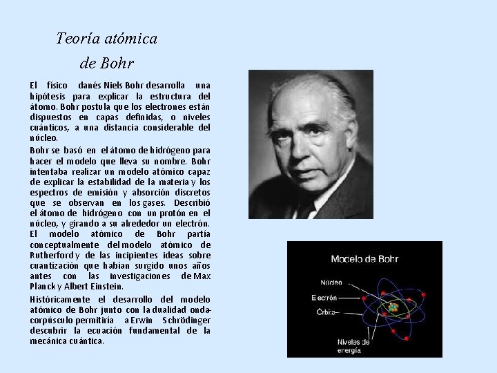 Teoría atómica de Bohr El físico danés Niels Bohr desarrolla una hipótesis para explicar