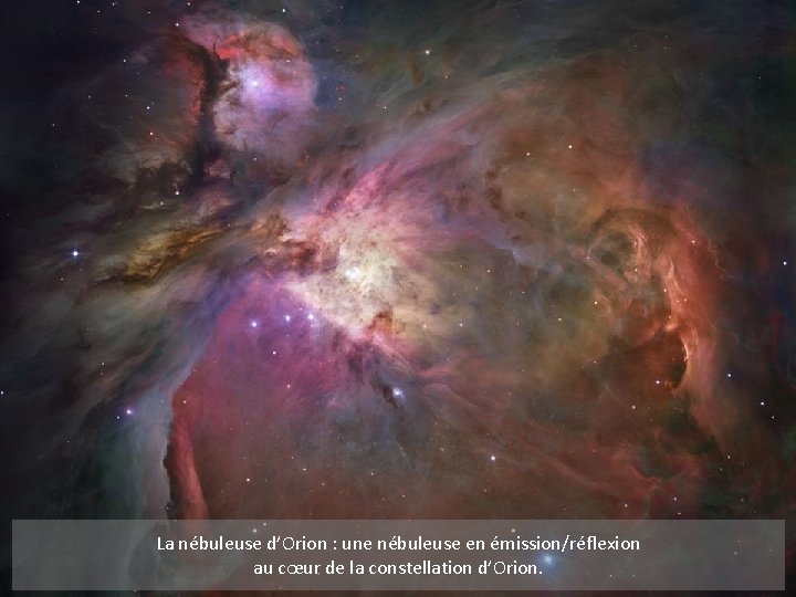 La nébuleuse d’Orion : une nébuleuse en émission/réflexion au cœur de la constellation d’Orion.