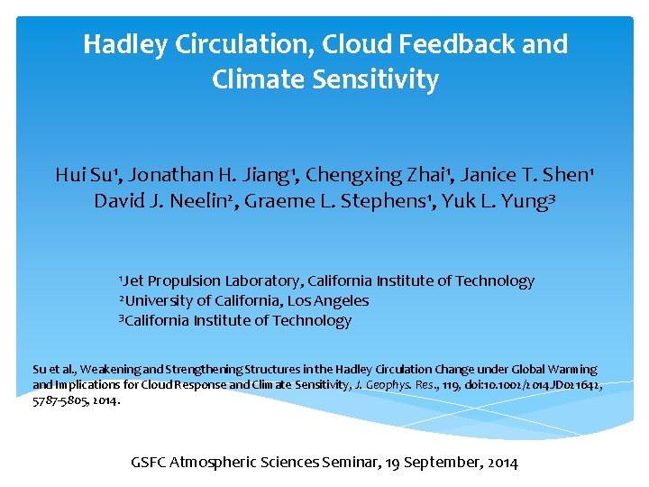 Hadley Circulation, Cloud Feedback and Climate Sensitivity Hui Su 1, Jonathan H. Jiang 1,