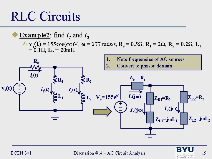 RLC Circuits u Example 2: find i 1 and i 2 Ùvs(t) = 155