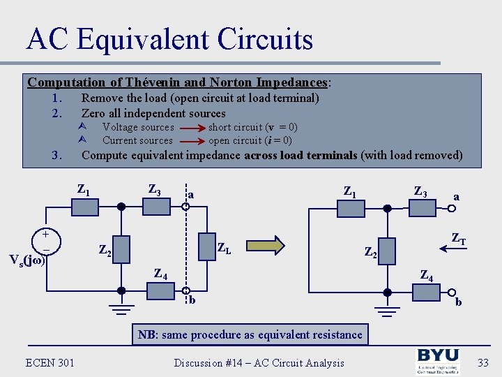 AC Equivalent Circuits Computation of Thévenin and Norton Impedances: 1. 2. Remove the load