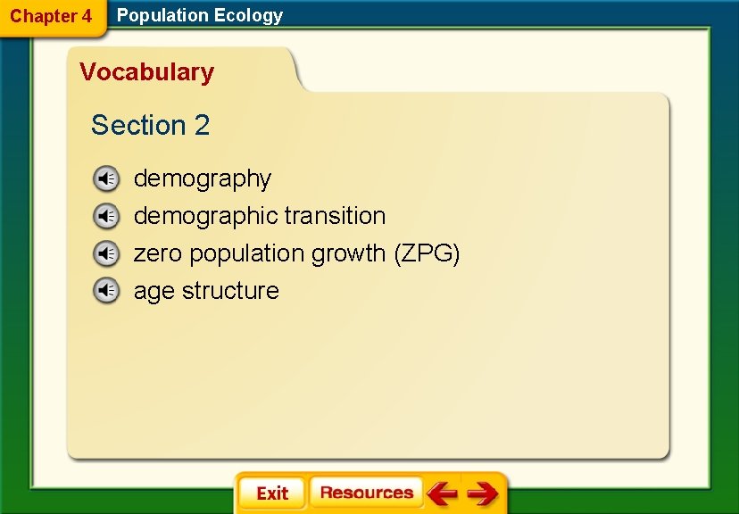 Chapter 4 Population Ecology Vocabulary Section 2 demography demographic transition zero population growth (ZPG)