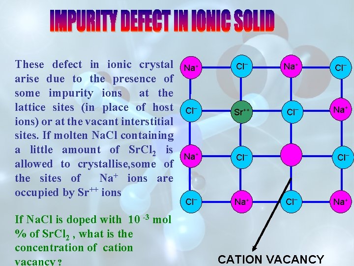 These defect in ionic crystal arise due to the presence of some impurity ions These defect in ionic crystal arise due to the presence of some impurity ions