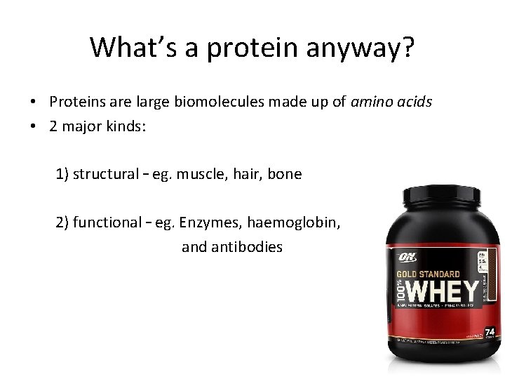 What’s a protein anyway? • Proteins are large biomolecules made up of amino acids