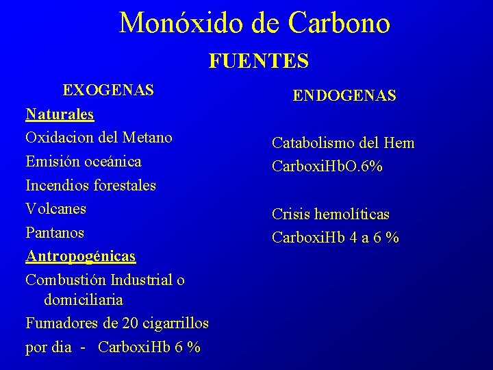 Monóxido de Carbono FUENTES EXOGENAS Naturales Oxidacion del Metano Emisión oceánica Incendios forestales Volcanes