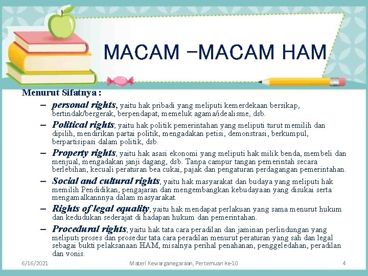MACAM -MACAM HAM Menurut Sifatnya : – personal rights, yaitu hak pribadi yang meliputi