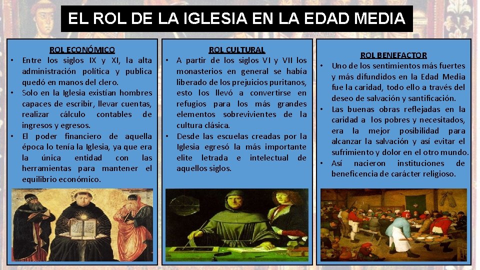 EL ROL DE LA IGLESIA EN LA EDAD MEDIA ROL ECONÓMICO • Entre los EL ROL DE LA IGLESIA EN LA EDAD MEDIA ROL ECONÓMICO • Entre los