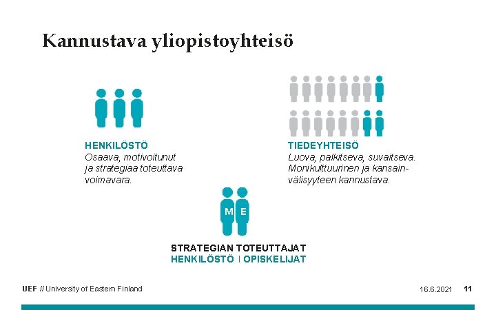 Kannustava yliopistoyhteisö HENKILÖSTÖ Osaava, motivoitunut ja strategiaa toteuttava voimavara. TIEDEYHTEISÖ Luova, palkitseva, suvaitseva. Monikulttuurinen