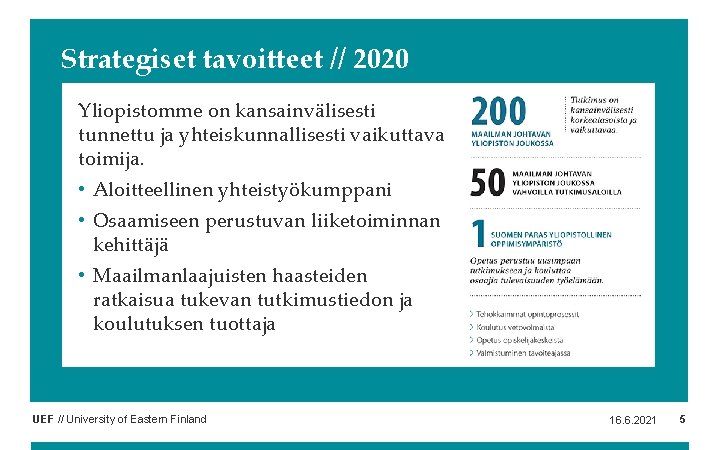 Strategiset tavoitteet // 2020 Yliopistomme on kansainvälisesti tunnettu ja yhteiskunnallisesti vaikuttava toimija. • Aloitteellinen