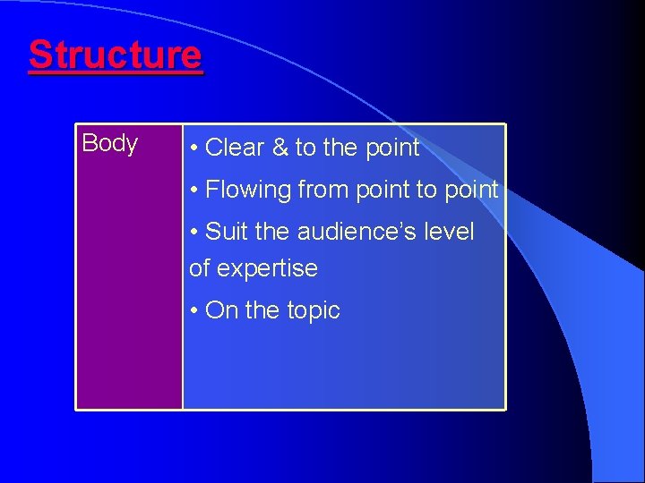 Structure Body • Clear & to the point • Flowing from point to point Structure Body • Clear & to the point • Flowing from point to point