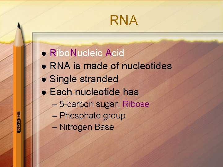 RNA l l Ribo. Nucleic Acid RNA is made of nucleotides Single stranded Each