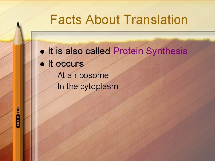 Facts About Translation l l It is also called Protein Synthesis It occurs –