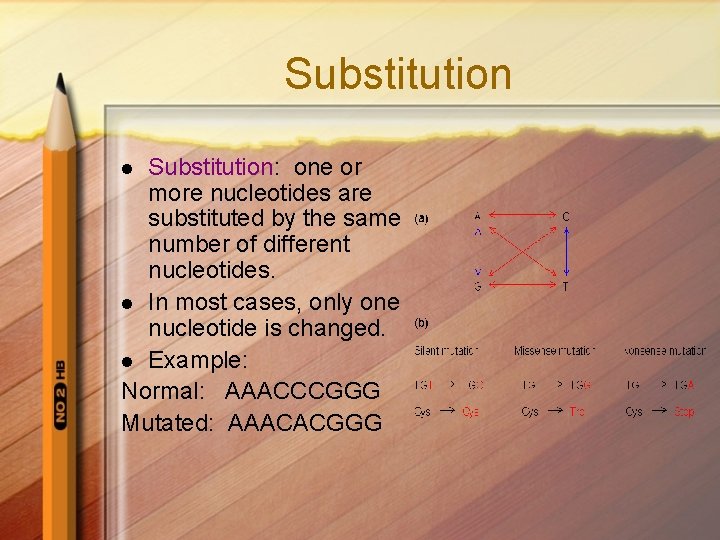 Substitution: one or more nucleotides are substituted by the same number of different nucleotides.