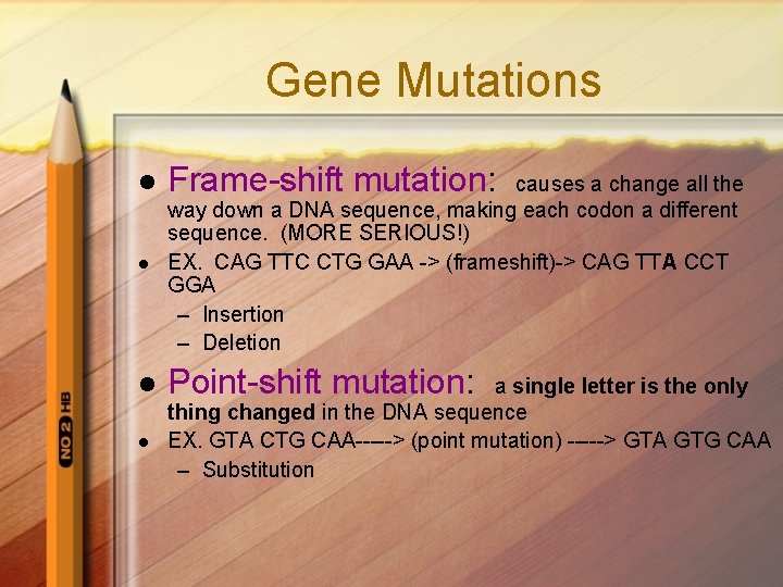 Gene Mutations l Frame-shift mutation: l causes a change all the way down a