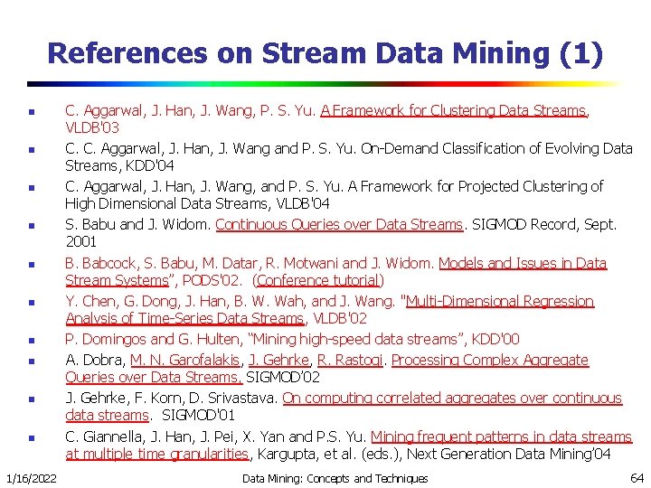 References on Stream Data Mining (1) n n n n n 1/16/2022 C. Aggarwal,