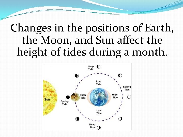 Changes in the positions of Earth, the Moon, and Sun affect the height of