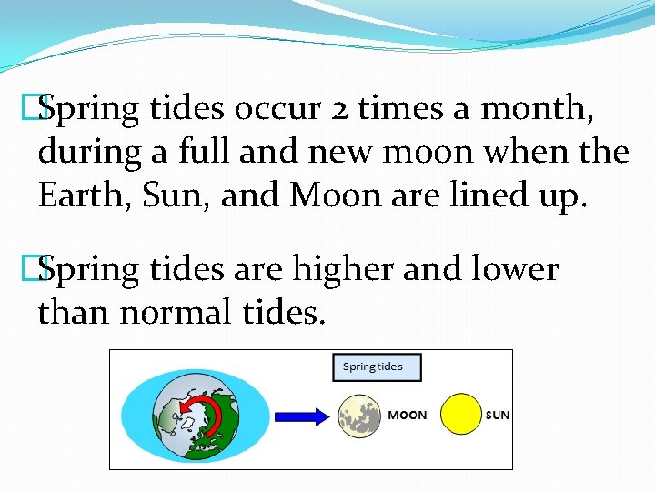 �Spring tides occur 2 times a month, during a full and new moon when