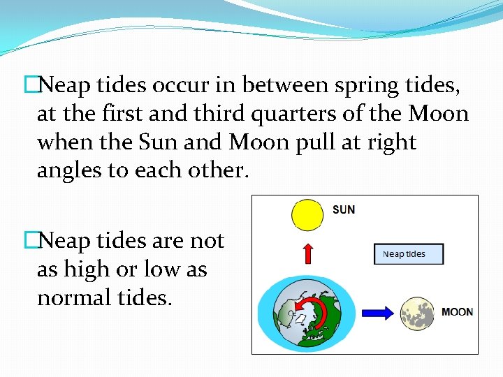 �Neap tides occur in between spring tides, at the first and third quarters of