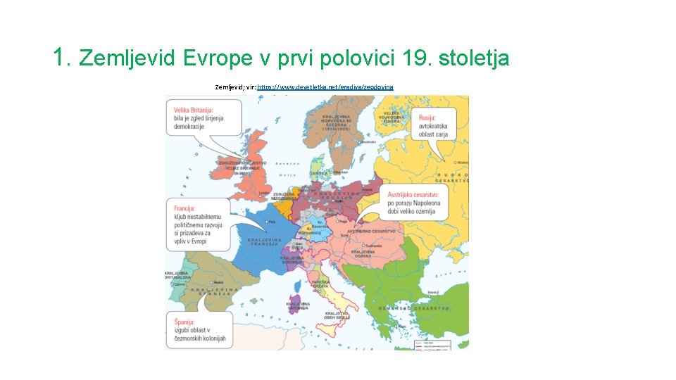 1. Zemljevid Evrope v prvi polovici 19. stoletja Zemljevid; vir: https: //www. devetletka. net/gradiva/zgodovina