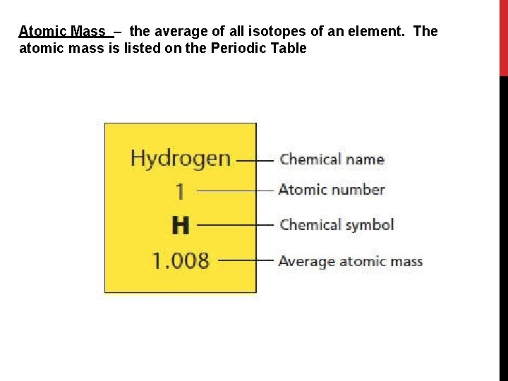 Atomic Mass – the average of all isotopes of an element. The atomic mass