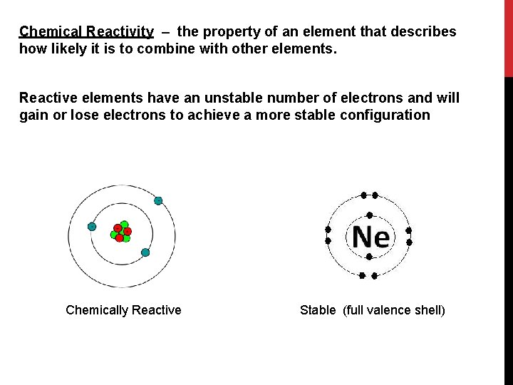 Chemical Reactivity – the property of an element that describes how likely it is