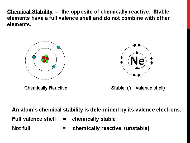 Chemical Stability – the opposite of chemically reactive. Stable elements have a full valence