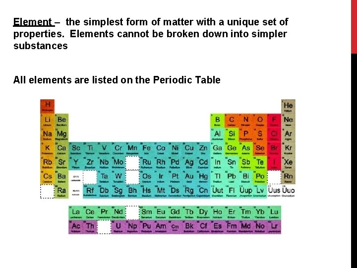 Element – the simplest form of matter with a unique set of properties. Elements