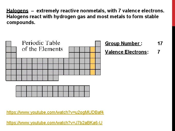 Halogens – extremely reactive nonmetals, with 7 valence electrons. Halogens react with hydrogen gas