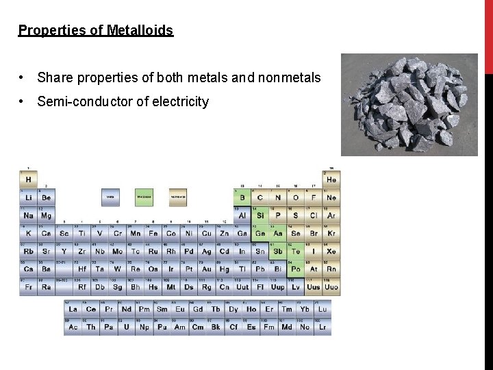 Properties of Metalloids • Share properties of both metals and nonmetals • Semi-conductor of