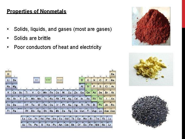 Properties of Nonmetals • Solids, liquids, and gases (most are gases) • Solids are