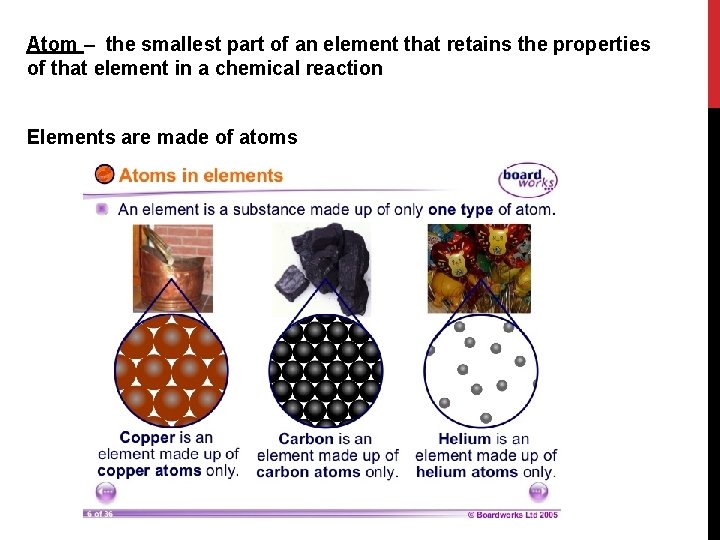Atom – the smallest part of an element that retains the properties of that