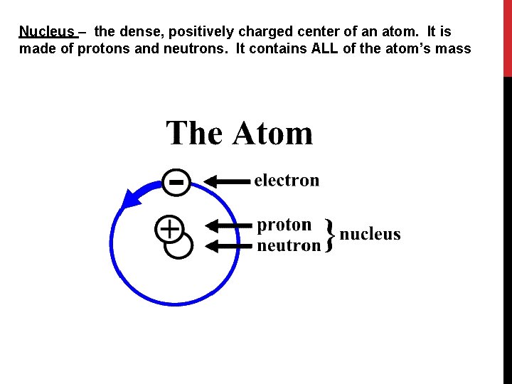 Nucleus – the dense, positively charged center of an atom. It is made of