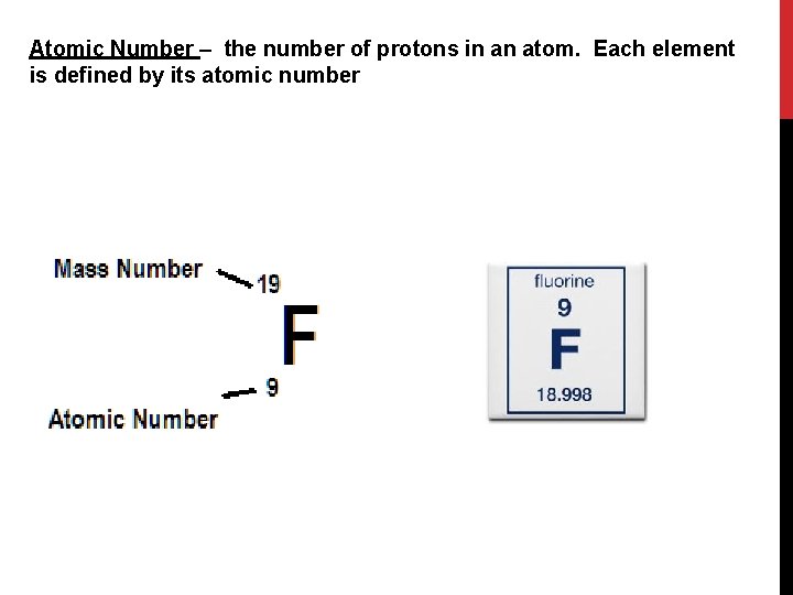 Atomic Number – the number of protons in an atom. Each element is defined