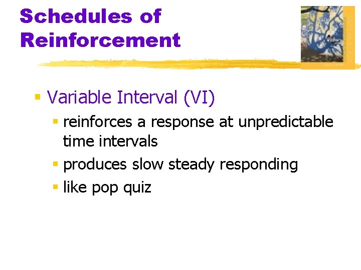 Schedules of Reinforcement § Variable Interval (VI) § reinforces a response at unpredictable time