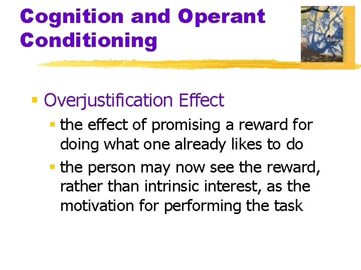 Cognition and Operant Conditioning § Overjustification Effect § the effect of promising a reward