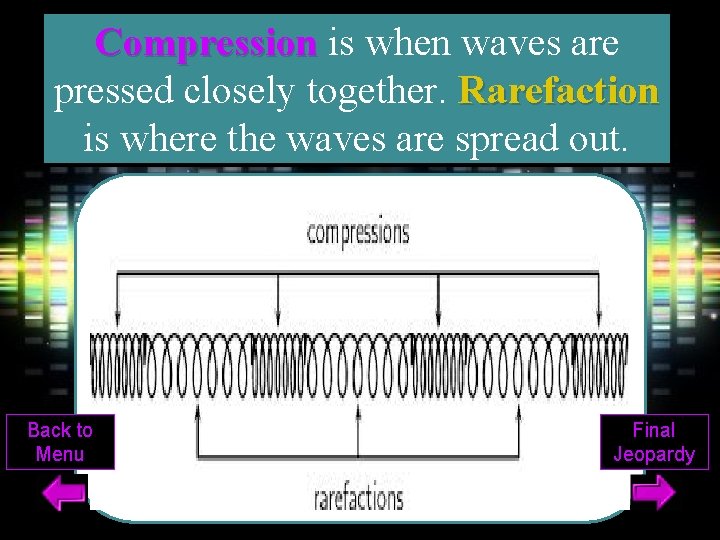 Compression is when waves are pressed closely together. Rarefaction is where the waves are