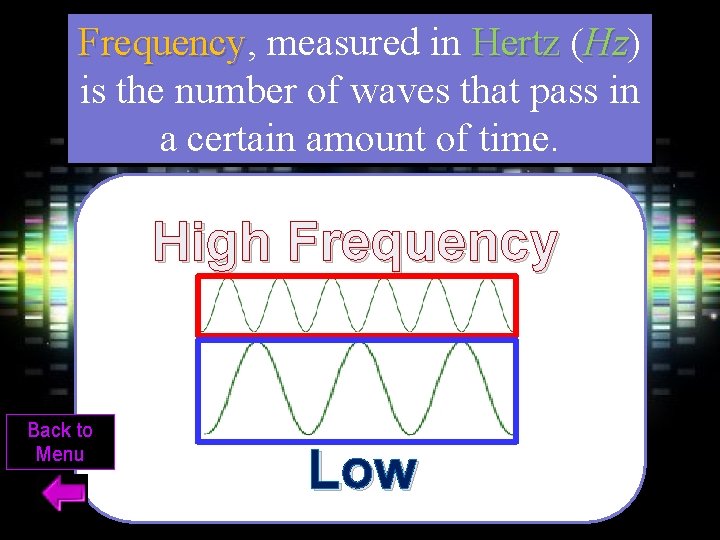 Frequency, Frequency measured in Hertz (Hz) Hz is the number of waves that pass
