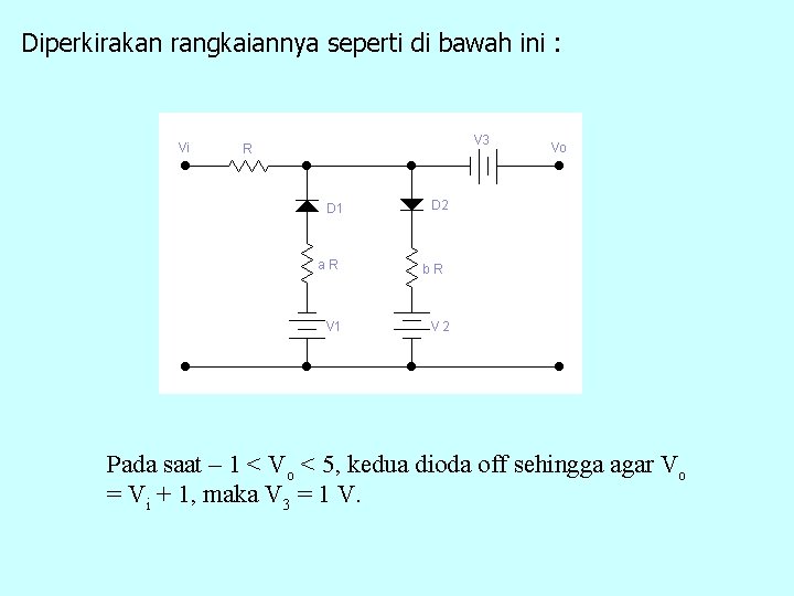 Diperkirakan rangkaiannya seperti di bawah ini : Pada saat – 1 < Vo <