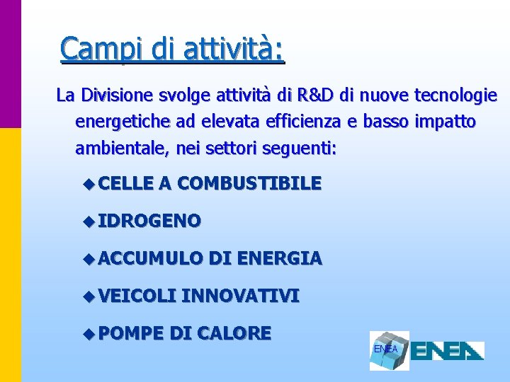 Campi di attività: La Divisione svolge attività di R&D di nuove tecnologie energetiche ad