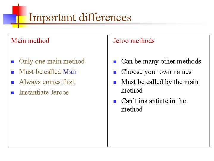 Important differences Main method n n Only one main method Must be called Main