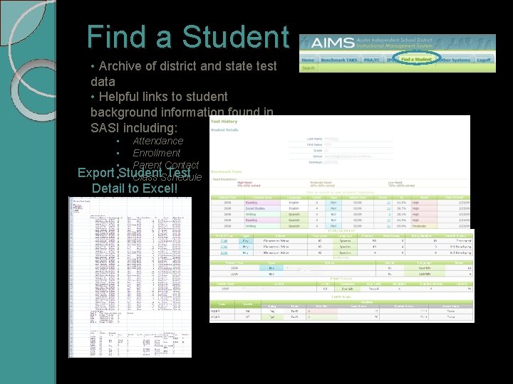 Find a Student • Archive of district and state test data • Helpful links